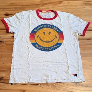 Aviator Nation White Tee with Red Trim and Orange Accent